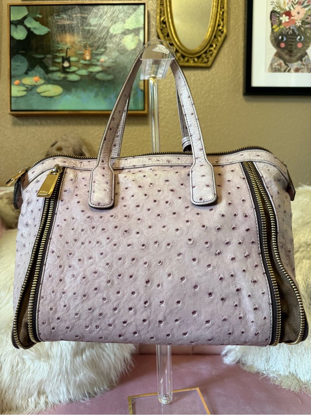 💯Auth! FURLA Pjnk/Lavender Leather Ostrich-Style Shoulder Bag with Gold Accents